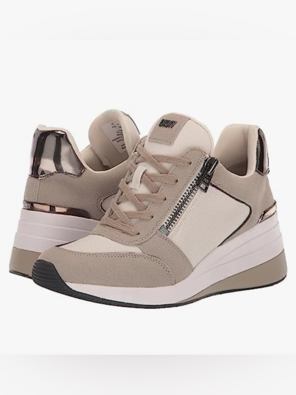 DKNY Kaden Lace-Up Zip Wedge Sneakers - Pebble/Toffee - Size 7.5